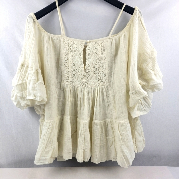 NWT Boston Proper oversized offwhite linen looking ruffle cold shoulder top XS - Picture 1 of 4